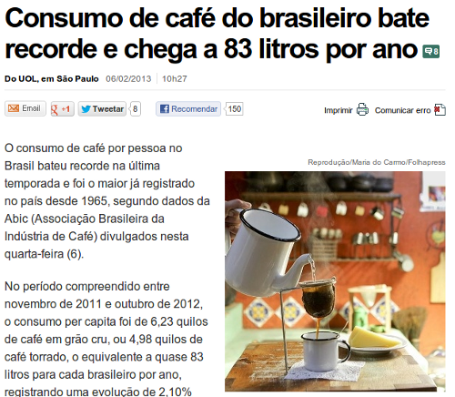 Consumo de café do brasileiro bate recorde e chega a 83 litros por ano
